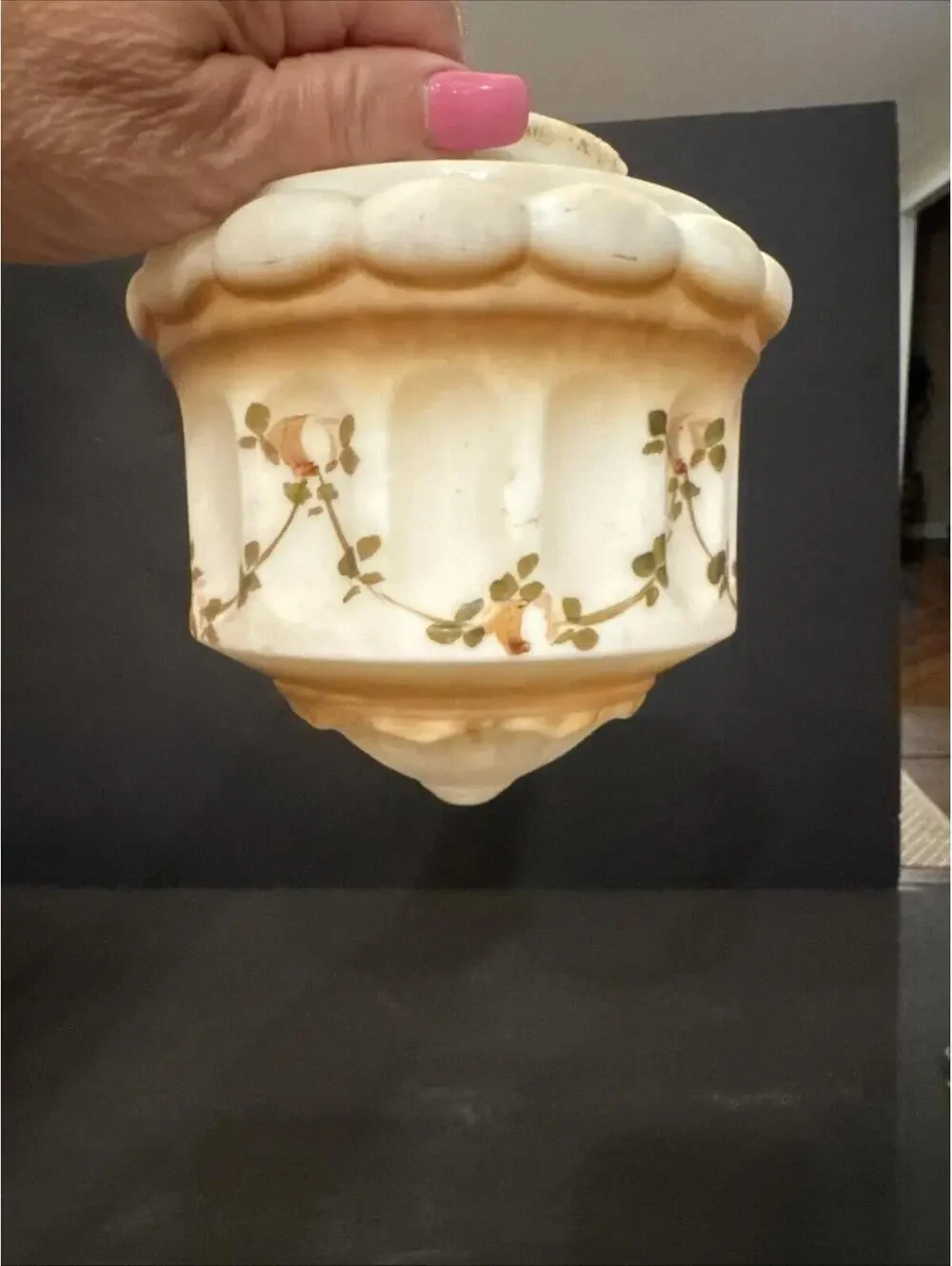 Vtg Handpainted White Matte Glass Pendant Wedding Cake Ceiling Shade 3.25” Fit